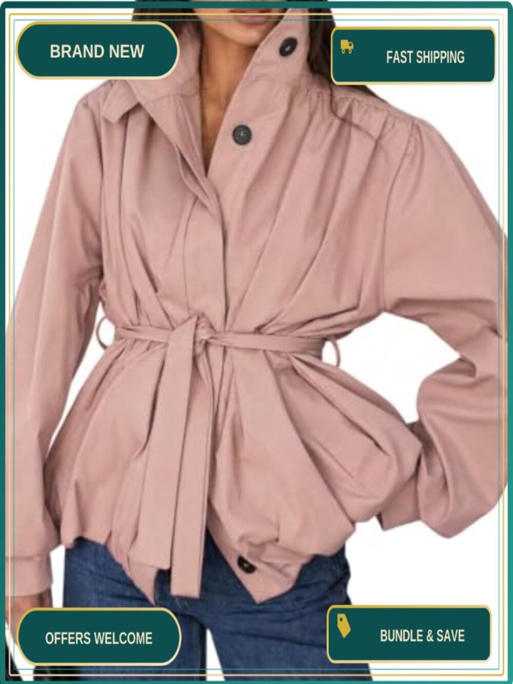 Womens Casual Trench Coat Funnel Neck Belted Button Down Jacket